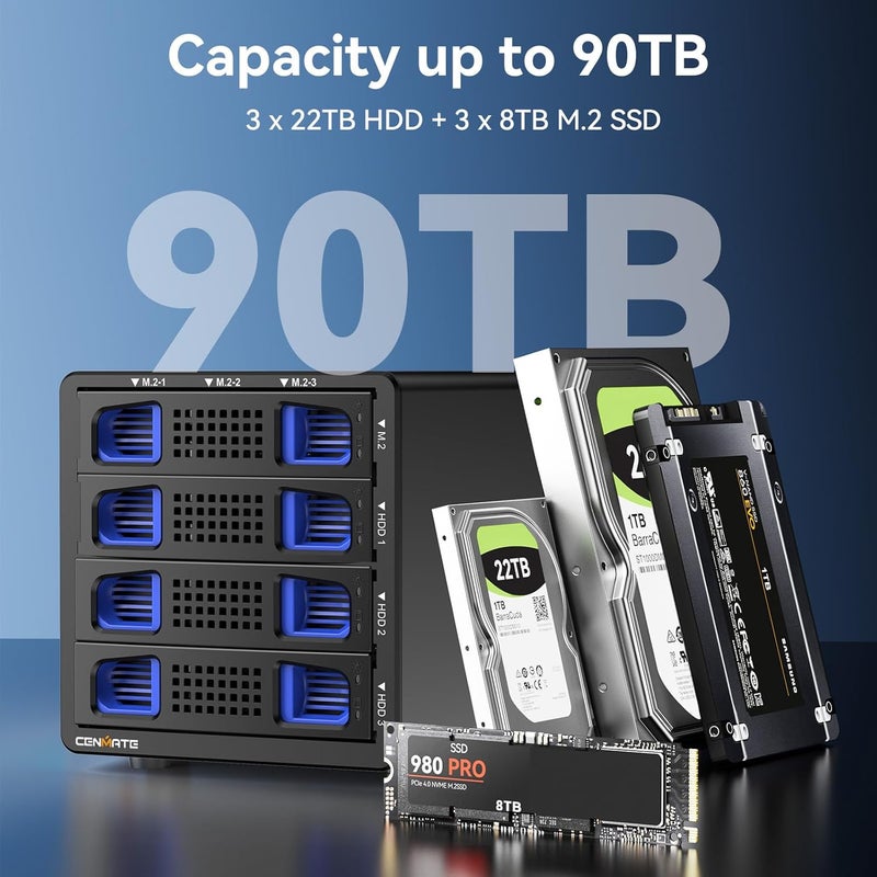 cenmate Hybrid 3*2.5/3.5" SATA HDD/SSD+3* M / B+M Key M.2 NVMe Enclosure with Cooling Fan and USB A/C 3.2 Gen 2, Hard Drive Enclosure Support 90TB(3*22TB HDD+3*8TB 2230/2242/2260/2280/22110 SSDs) - Image 3